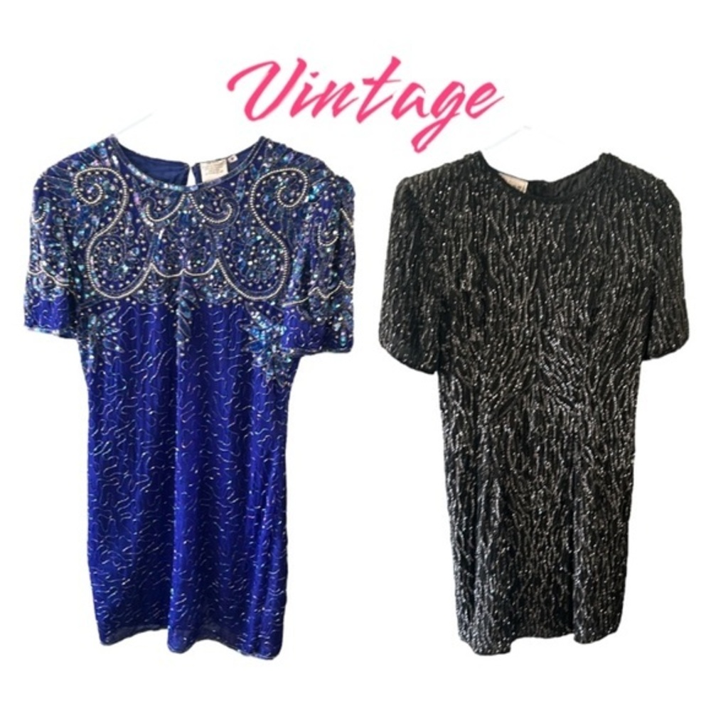 Golden Girls-2 Vintage Stenay Silk Sequence Ritzy Dresses Silk Cocktail attire - Picture 1 of 16
